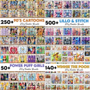 May include: A collection of 20 oz tumblers featuring various cartoon characters. The image showcases bundles of tumblers with designs from the 90s, Lilo & Stitch, Powerpuff Girls, and Winnie the Pooh. Text on the image indicates the number of tumblers in each bundle.