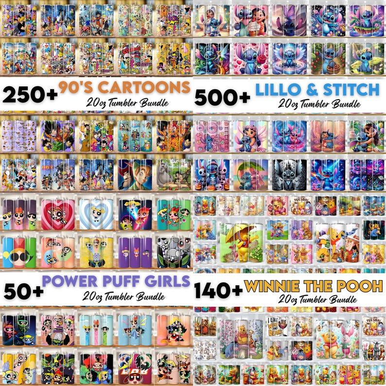 May include: A collection of 20 oz tumblers featuring various cartoon characters. The image showcases bundles of tumblers with designs from the 90s, Lilo & Stitch, Powerpuff Girls, and Winnie the Pooh. Text on the image indicates the number of tumblers in each bundle.