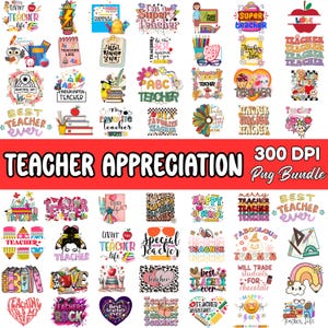 Puede incluir: Una colecci&oacute;n de dise&ntilde;os coloridos de agradecimiento a los profesores, con textos como "Mejor profesor de todos los tiempos", "Super profesor" y "Vida de profesor". Los dise&ntilde;os presentan l&aacute;pices, manzanas, libros y gr&aacute;ficos relacionados con la escuela. El texto "Teacher Appreciation" se muestra de forma destacada.