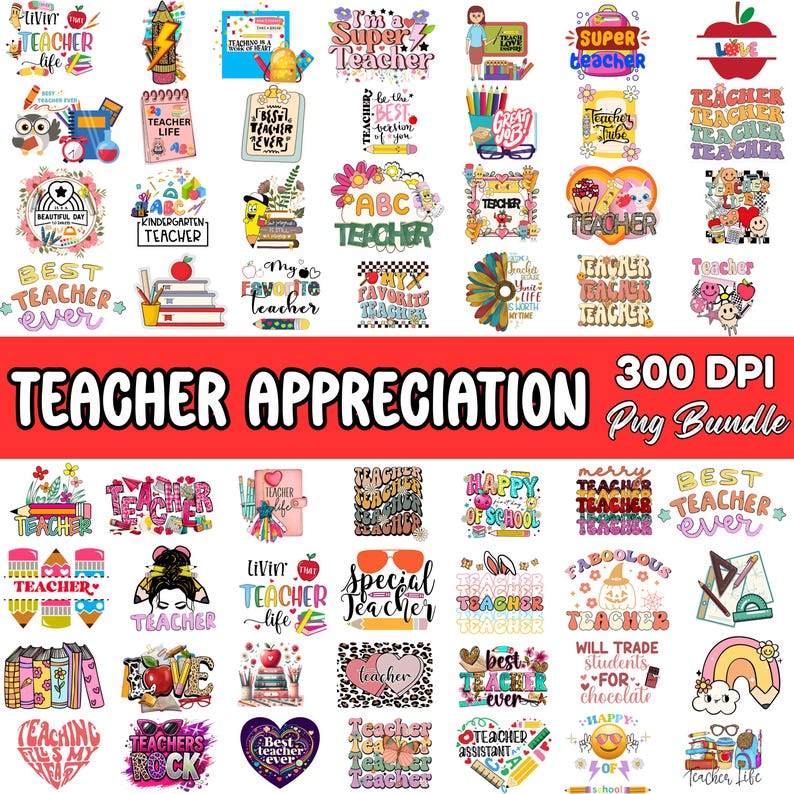 Puede incluir: Una colecci&oacute;n de dise&ntilde;os coloridos de agradecimiento a los profesores, con textos como "Mejor profesor de todos los tiempos", "Super profesor" y "Vida de profesor". Los dise&ntilde;os presentan l&aacute;pices, manzanas, libros y gr&aacute;ficos relacionados con la escuela. El texto "Teacher Appreciation" se muestra de forma destacada.