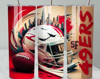 May include: A cylindrical tumbler with a metal straw featuring a white football helmet, a brown football, and a city skyline graphic. The design includes red and cream colour accents with the text SF 49ERS printed vertically in bold red letters.