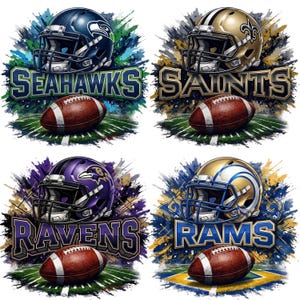 May include: Four colorful illustrations featuring football helmets and footballs. The helmets represent the Seahawks, Saints, Ravens, and Rams teams. Each design includes the team name in bold letters and a football on a field.