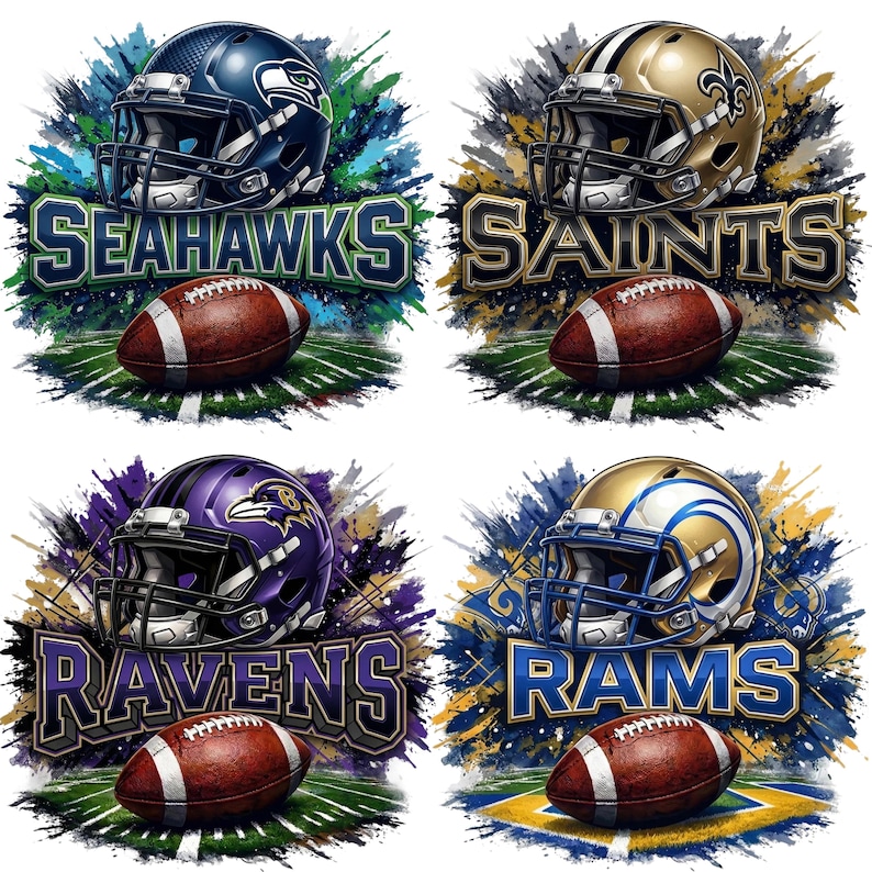 May include: Four colorful illustrations featuring football helmets and footballs. The helmets represent the Seahawks, Saints, Ravens, and Rams teams. Each design includes the team name in bold letters and a football on a field.