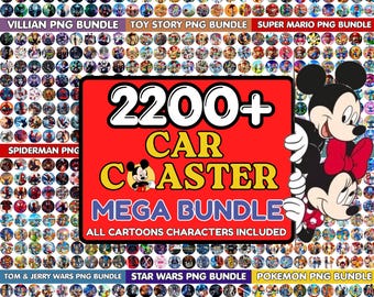 Puede incluir: Imagen vibrante que muestra un mega paquete de posavasos para coche con más de 2200 diseños. La imagen presenta un rectángulo rojo con texto blanco que dice "2200+ CAR COASTER MEGA BUNDLE". También aparece Mickey Mouse. Varios diseños de personajes de dibujos animados rodean el texto.