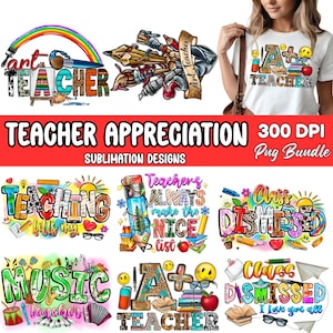 Puede incluir: Una colecci&oacute;n de dise&ntilde;os de sublimaci&oacute;n con tem&aacute;tica de profesores. Los dise&ntilde;os incluyen gr&aacute;ficos coloridos con las palabras "Art Teacher", "Teacher" y "Music Teacher". Otros dise&ntilde;os presentan frases como "Teaching fills my soul" y "Class Dismissed". La imagen tambi&eacute;n incluye el texto "Teacher Appreciation".