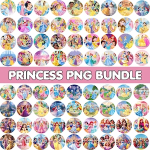 May include: A collection of circular PNG images featuring various Disney princesses. The images showcase princesses in their iconic dresses and settings, with a pink banner at the bottom that reads "PRINCESS PNG BUNDLE". The images are colorful and vibrant.