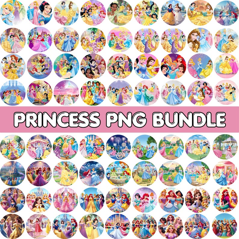 May include: A collection of circular PNG images featuring various Disney princesses. The images showcase princesses in their iconic dresses and settings, with a pink banner at the bottom that reads "PRINCESS PNG BUNDLE". The images are colorful and vibrant.