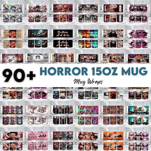 Puede incluir: Una colección de más de 90 tazas de terror de 440 ml con varios diseños. Las tazas presentan imágenes de personajes y escenas icónicas de películas de terror. El texto "HORROR 15OZ MUG" y "Mug Wraps" también son visibles.