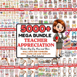 Könnte beinhalten: Ein digitales Grafikpaket mit einer Cartoon-Lehrerin mit Zeigestab, umgeben von Designs zur Wertschätzung von Lehrern. Das Bild enthält den Text "5000+ MEGA BUNDLE TEACHER APPRECIATION" und verschiedene verwandte Grafiken.