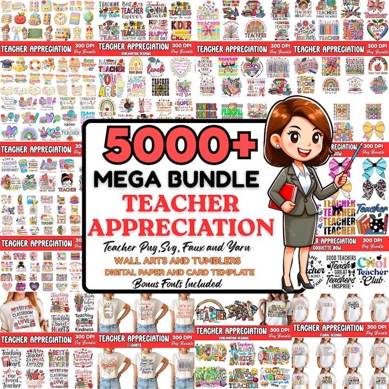 Puede incluir: Un paquete gr&aacute;fico digital con una maestra de dibujos animados con un puntero, rodeada de dise&ntilde;os de agradecimiento a los maestros. La imagen incluye el texto "5000+ MEGA BUNDLE TEACHER APPRECIATION" y varios gr&aacute;ficos relacionados.