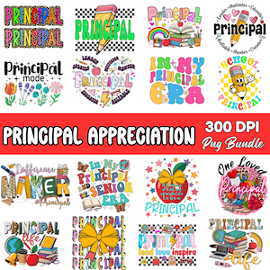 Puede incluir: Una colecci&oacute;n de dise&ntilde;os digitales coloridos con la palabra "Principal" en varios estilos. Los dise&ntilde;os incluyen l&aacute;pices, libros, manzanas y frases inspiradoras. Perfecto para proyectos escolares y regalos.