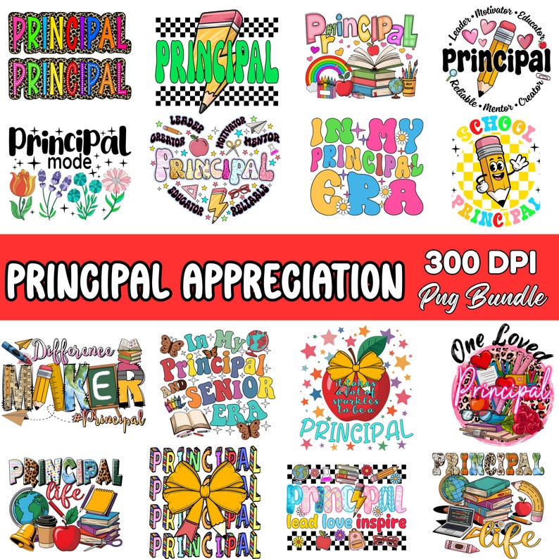 Puede incluir: Una colecci&oacute;n de dise&ntilde;os digitales coloridos con la palabra "Principal" en varios estilos. Los dise&ntilde;os incluyen l&aacute;pices, libros, manzanas y frases inspiradoras. Perfecto para proyectos escolares y regalos.
