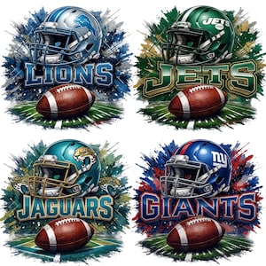 May include: Four colorful illustrations featuring NFL team logos. Each design includes a football helmet, a football, and the team name. Teams include the Lions, Jets, Jaguars, and Giants, with a splash of color in the background.
