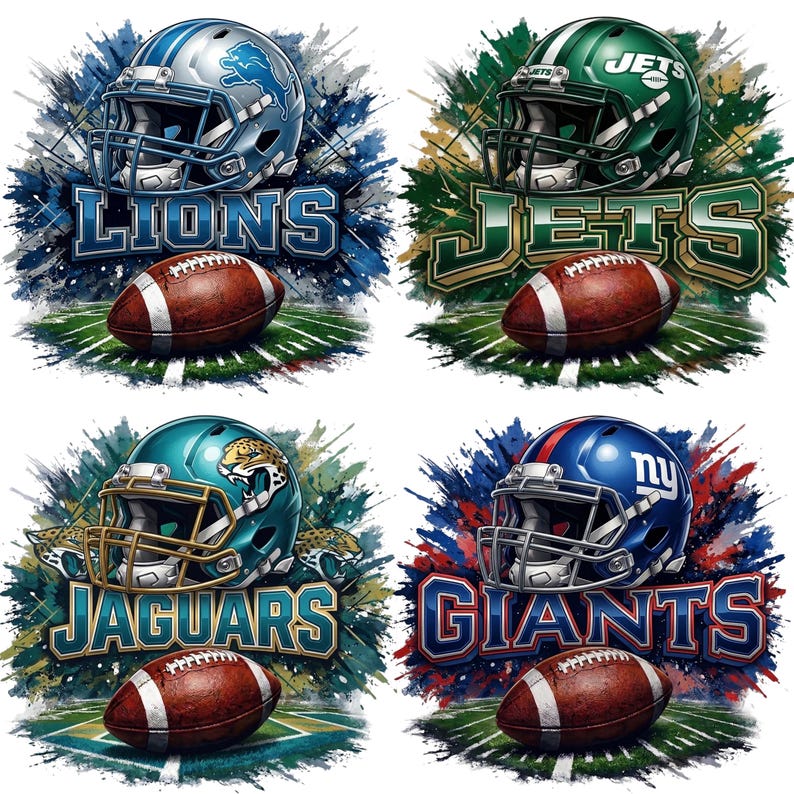 May include: Four colorful illustrations featuring NFL team logos. Each design includes a football helmet, a football, and the team name. Teams include the Lions, Jets, Jaguars, and Giants, with a splash of color in the background.
