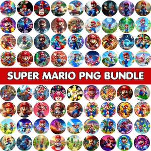 May include: A collection of round PNG images featuring various illustrations of the Super Mario character. The images are in a variety of scenes and poses, with vibrant colors and detailed artwork. The text "SUPER MARIO PNG BUNDLE" is displayed in a red banner.