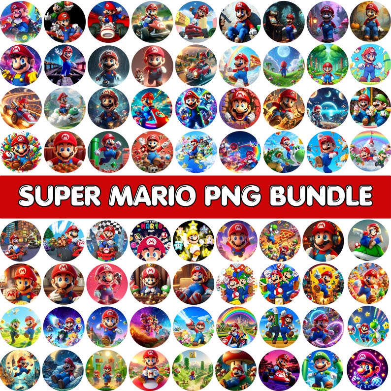 May include: A collection of round PNG images featuring various illustrations of the Super Mario character. The images are in a variety of scenes and poses, with vibrant colors and detailed artwork. The text "SUPER MARIO PNG BUNDLE" is displayed in a red banner.
