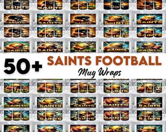 May include: A selection of over 50 Saints football mug wraps. The mugs display diverse designs, including football helmets and the team name. The colour scheme includes gold, black, and white, with a dynamic, energetic style.