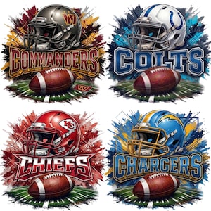 May include: Four colorful illustrations featuring football helmets and footballs. The images display the logos for the Commanders, Colts, Chiefs, and Chargers teams. Each image has a unique background color scheme.