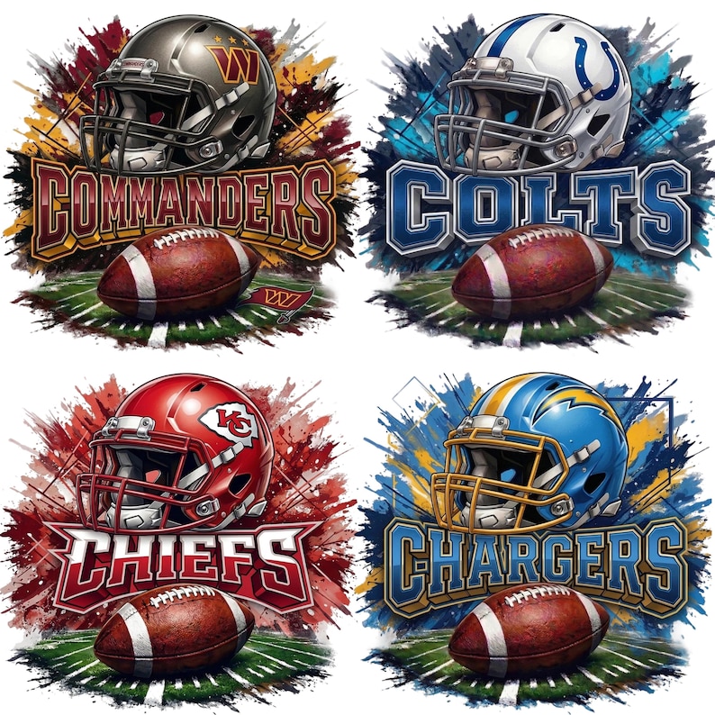 May include: Four colorful illustrations featuring football helmets and footballs. The images display the logos for the Commanders, Colts, Chiefs, and Chargers teams. Each image has a unique background color scheme.