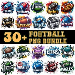 May include: A digital collection of over 30 American football team logos and graphics featuring colorful paint splatter backgrounds, football illustrations, and team names like Titans, Texans, Seahawks, Steelers, and others in a variety of fonts.