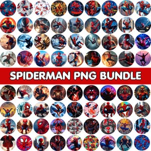 May include: A collection of circular graphics featuring various illustrations of Spider-Man in action poses and different styles. The text "SPIDERMAN PNG BUNDLE" is displayed in a bold, white font on a red background.