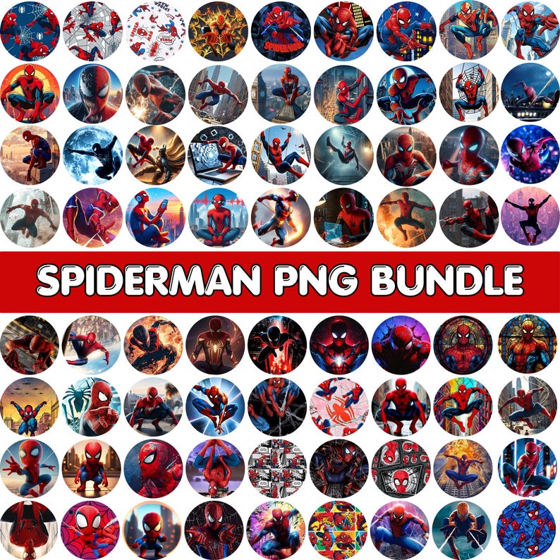 May include: A collection of circular graphics featuring various illustrations of Spider-Man in action poses and different styles. The text "SPIDERMAN PNG BUNDLE" is displayed in a bold, white font on a red background.