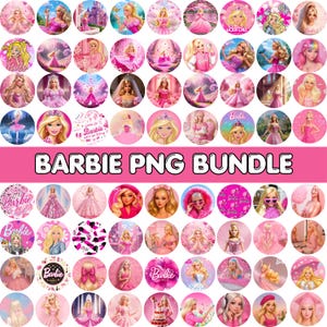 May include: A collection of pink and white Barbie-themed PNG images. The images feature Barbie in various poses and outfits, set against pink backgrounds. The text "BARBIE PNG BUNDLE" is displayed in a bold font.