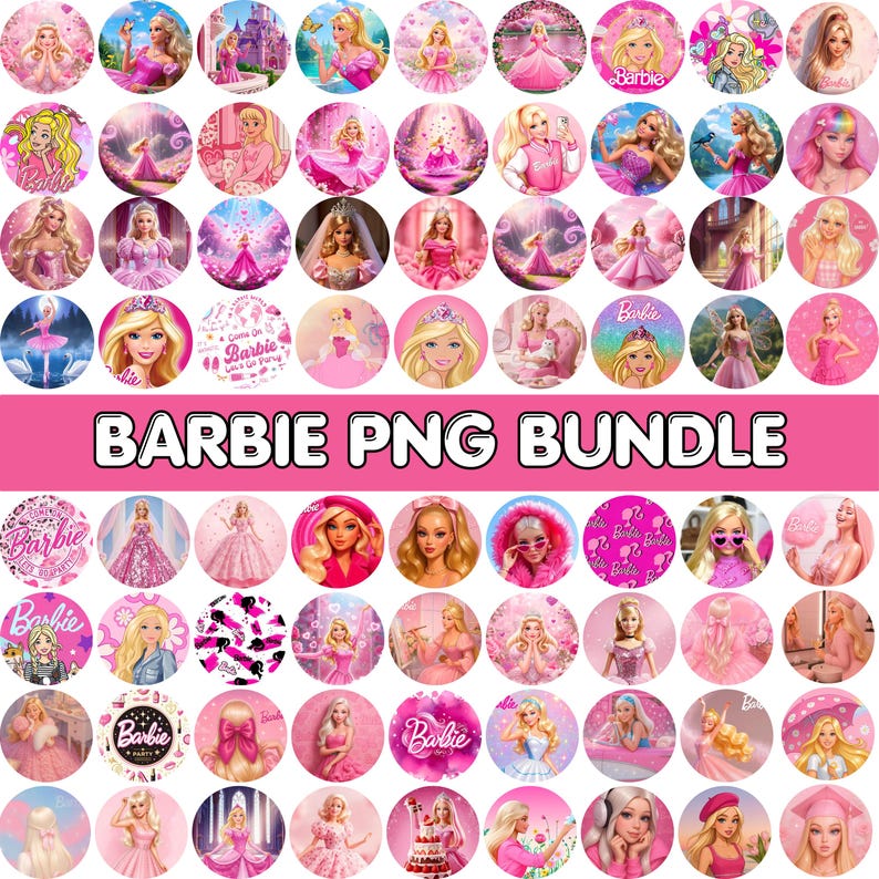 May include: A collection of pink and white Barbie-themed PNG images. The images feature Barbie in various poses and outfits, set against pink backgrounds. The text "BARBIE PNG BUNDLE" is displayed in a bold font.