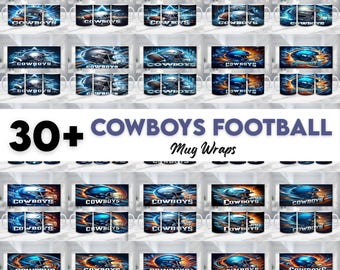 May include: A selection of over 30 Cowboys football mug wraps. The mugs display different designs with the team's logo, helmet, and colours. The text "COWBOYS FOOTBALL Mug Wraps" is shown in the centre of the image.