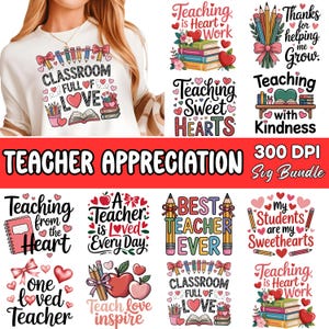 Puede incluir: Un conjunto de dise&ntilde;os de agradecimiento a los profesores con l&aacute;pices, corazones y libros. Los textos incluyen frases como "Classroom Full of Love", "Best Teacher Ever" y "Teaching is Heart Work". Ideal para proyectos escolares.
