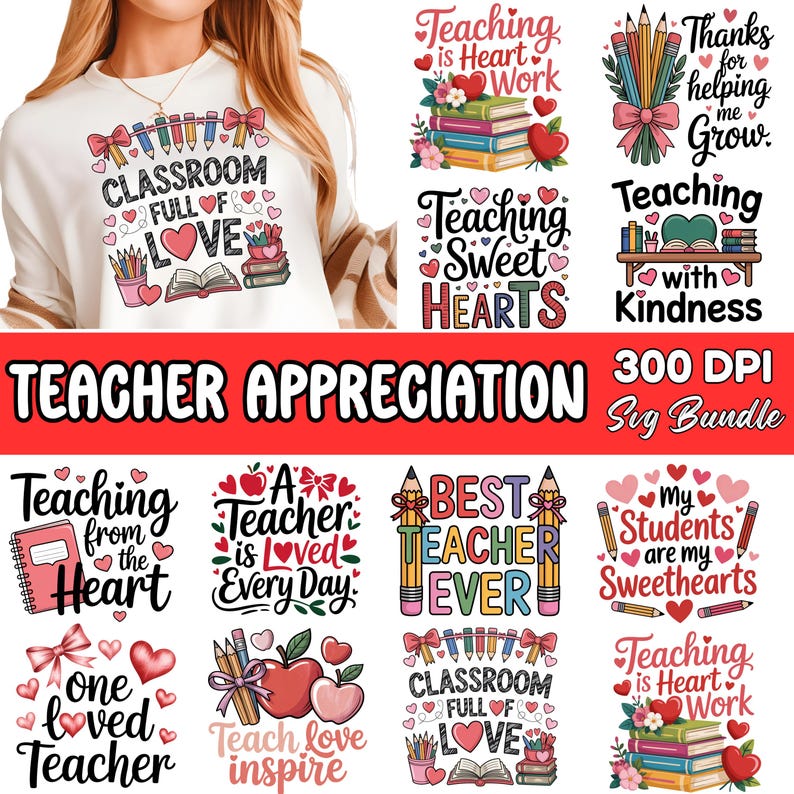 Puede incluir: Un conjunto de dise&ntilde;os de agradecimiento a los profesores con l&aacute;pices, corazones y libros. Los textos incluyen frases como "Classroom Full of Love", "Best Teacher Ever" y "Teaching is Heart Work". Ideal para proyectos escolares.