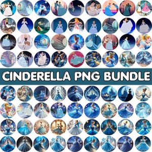 May include: A collection of Cinderella-themed PNG images in a circular format. The images feature Cinderella in her iconic blue ball gown, scenes from the movie, and the text "CINDERELLA PNG BUNDLE". The images are in various shades of blue and white.