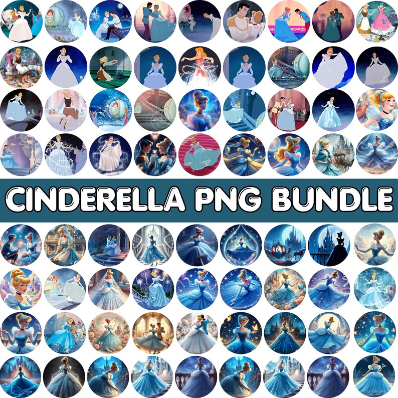 May include: A collection of Cinderella-themed PNG images in a circular format. The images feature Cinderella in her iconic blue ball gown, scenes from the movie, and the text "CINDERELLA PNG BUNDLE". The images are in various shades of blue and white.