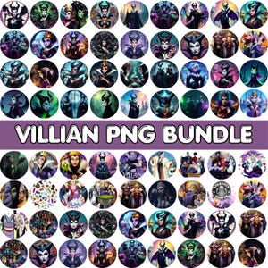 May include: A collection of round digital images featuring various villain characters. The images showcase a variety of colors and styles, with the text "VILLIAN PNG BUNDLE" in a white font on a purple background.