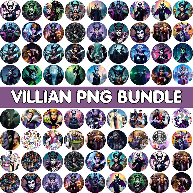 May include: A collection of round digital images featuring various villain characters. The images showcase a variety of colors and styles, with the text "VILLIAN PNG BUNDLE" in a white font on a purple background.