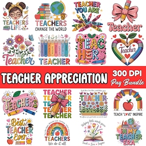 Puede incluir: Una colecci&oacute;n de coloridos dise&ntilde;os de agradecimiento a los profesores. Los dise&ntilde;os incluyen texto como "Teacher", "Teacher Life" y "Teacher Appreciation". Las im&aacute;genes incluyen l&aacute;pices, manzanas, flores y un globo terr&aacute;queo. Los dise&ntilde;os est&aacute;n en una variedad de fuentes y estilos.