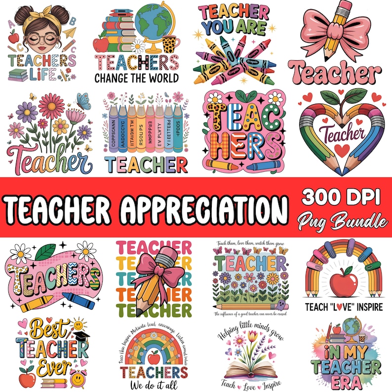 Puede incluir: Una colecci&oacute;n de coloridos dise&ntilde;os de agradecimiento a los profesores. Los dise&ntilde;os incluyen texto como "Teacher", "Teacher Life" y "Teacher Appreciation". Las im&aacute;genes incluyen l&aacute;pices, manzanas, flores y un globo terr&aacute;queo. Los dise&ntilde;os est&aacute;n en una variedad de fuentes y estilos.