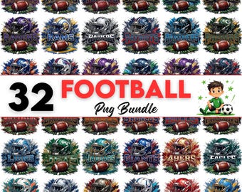 May include: A collection of 32 football team designs, each featuring a team helmet and football. The designs include team names like Vikings, Texans, and Seahawks. The text "32 FOOTBALL Pug Bundle" is also present.