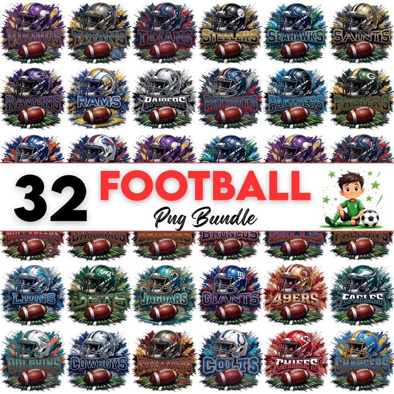 May include: A collection of 32 football team designs, each featuring a team helmet and football. The designs include team names like Vikings, Texans, and Seahawks. The text "32 FOOTBALL Pug Bundle" is also present.