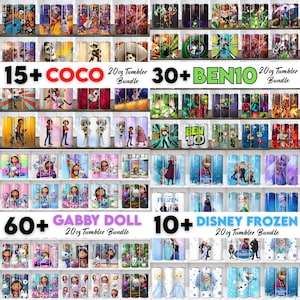 May include: A collection of 20 oz tumblers featuring various animated characters and themes. The image includes tumblers with designs from "Coco", "Ben 10", "Gabby Doll", and "Disney Frozen". Text on the image reads "15+ Coco", "30+ Ben10", "60+ Gabby Doll", and "10+ Disney Frozen".