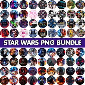 May include: A collection of Star Wars PNG images in a variety of circular designs. The images feature characters and logos from the Star Wars franchise. The text "STAR WARS PNG BUNDLE" is displayed in a purple banner.