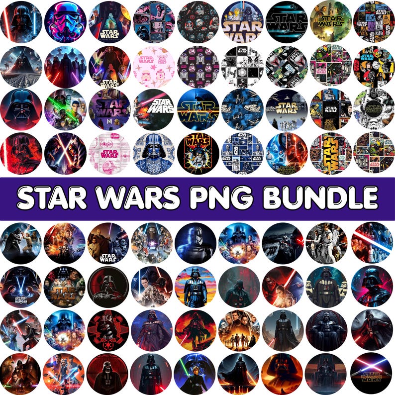 May include: A collection of Star Wars PNG images in a variety of circular designs. The images feature characters and logos from the Star Wars franchise. The text "STAR WARS PNG BUNDLE" is displayed in a purple banner.