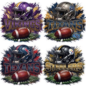 May include: Four digital illustrations featuring football helmets and footballs. The helmets represent the Vikings, Titans, Texans, and Steelers teams. Each design includes the team name and a football on a field.