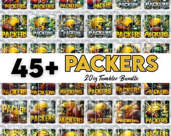 May include: A bundle of 20oz tumblers featuring the Green Bay Packers football team. Each tumbler displays a football helmet, football, and the team name. The image includes the text "45+ PACKERS 20oz Tumbler Bundle."