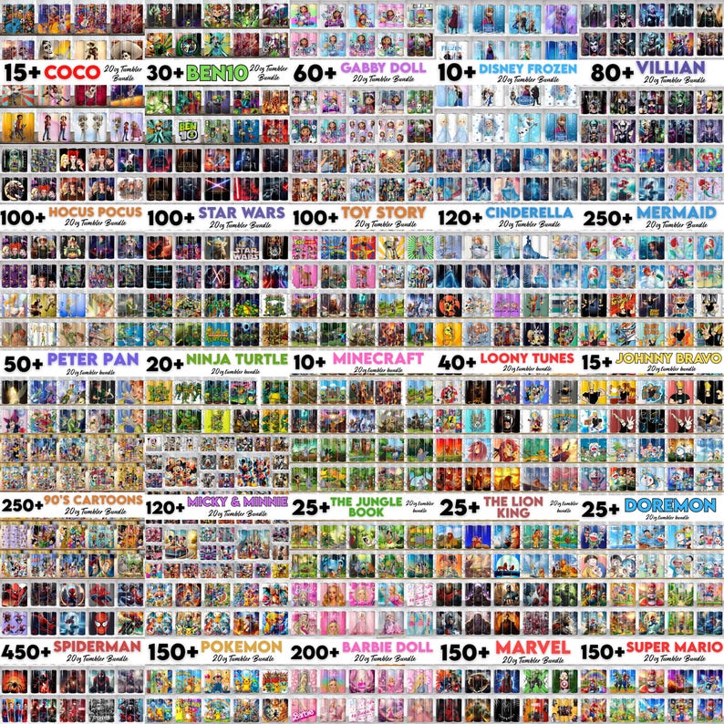 May include: A grid of various tumbler bundles featuring popular cartoon and movie characters. Titles include "Coco", "Ben 10", "Gabby Doll", "Disney Frozen", "Hocus Pocus", "Star Wars", "Toy Story", "Cinderella", and "Mermaid".