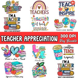 Puede incluir: Una colecci&oacute;n de coloridos dise&ntilde;os de agradecimiento a los profesores. Los dise&ntilde;os incluyen frases como "I'm a teacher", "Teach Love Inspire" y "Teacher of tiny human". Tambi&eacute;n incluyen l&aacute;pices, manzanas, libros y tazas de caf&eacute;.