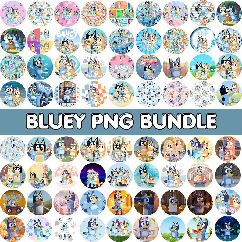 May include: A collection of circular PNG images featuring characters from the animated series Bluey. The images showcase various scenes and patterns with Bluey, Bingo, and their family. The text "BLUEY PNG BUNDLE" is displayed in a white font.