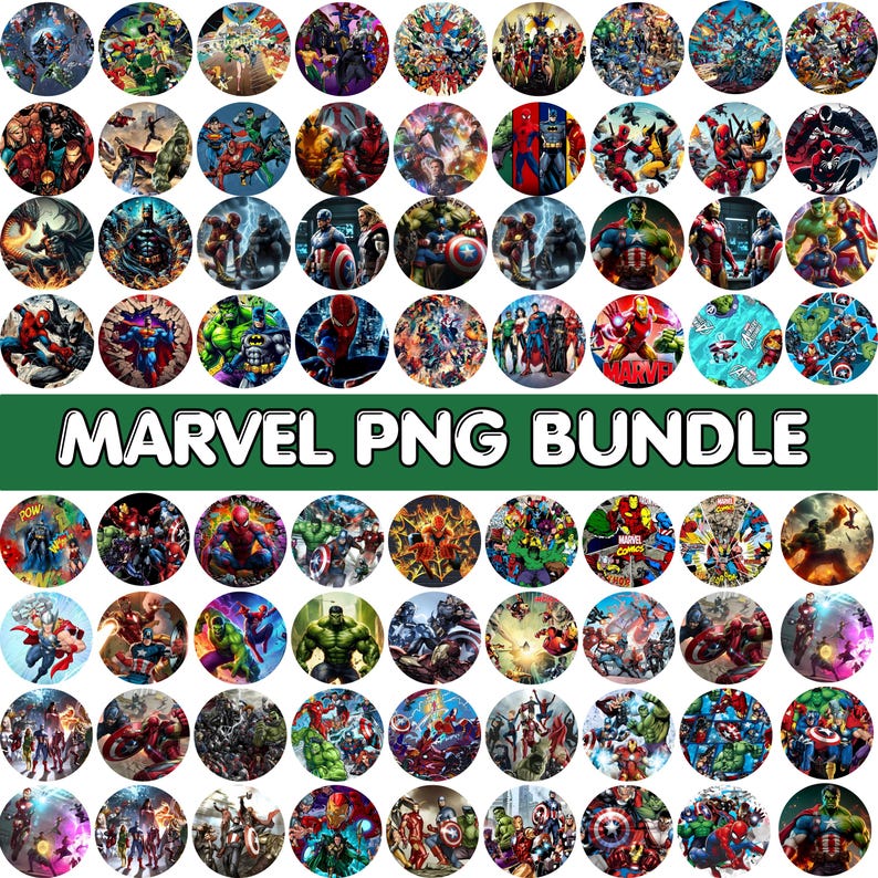 May include: A collection of circular Marvel-themed PNG images featuring various superheroes and comic book scenes. The images are colorful and detailed, with characters like Spider-Man, Captain America, and the Hulk. The text "MARVEL PNG BUNDLE" is displayed in a green banner.