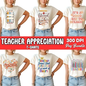 Puede incluir: Una colecci&oacute;n de camisetas color crema con varios dise&ntilde;os tem&aacute;ticos de profesores. Las camisetas presentan frases como "Blessed Teacher" y "It's a Good Day to Teach", junto con gr&aacute;ficos de l&aacute;pices y manzanas. Tambi&eacute;n es visible el texto "Teacher Appreciation".