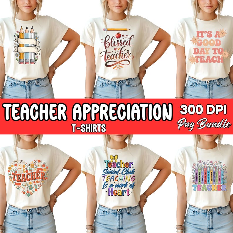 Puede incluir: Una colecci&oacute;n de camisetas color crema con varios dise&ntilde;os tem&aacute;ticos de profesores. Las camisetas presentan frases como "Blessed Teacher" y "It's a Good Day to Teach", junto con gr&aacute;ficos de l&aacute;pices y manzanas. Tambi&eacute;n es visible el texto "Teacher Appreciation".